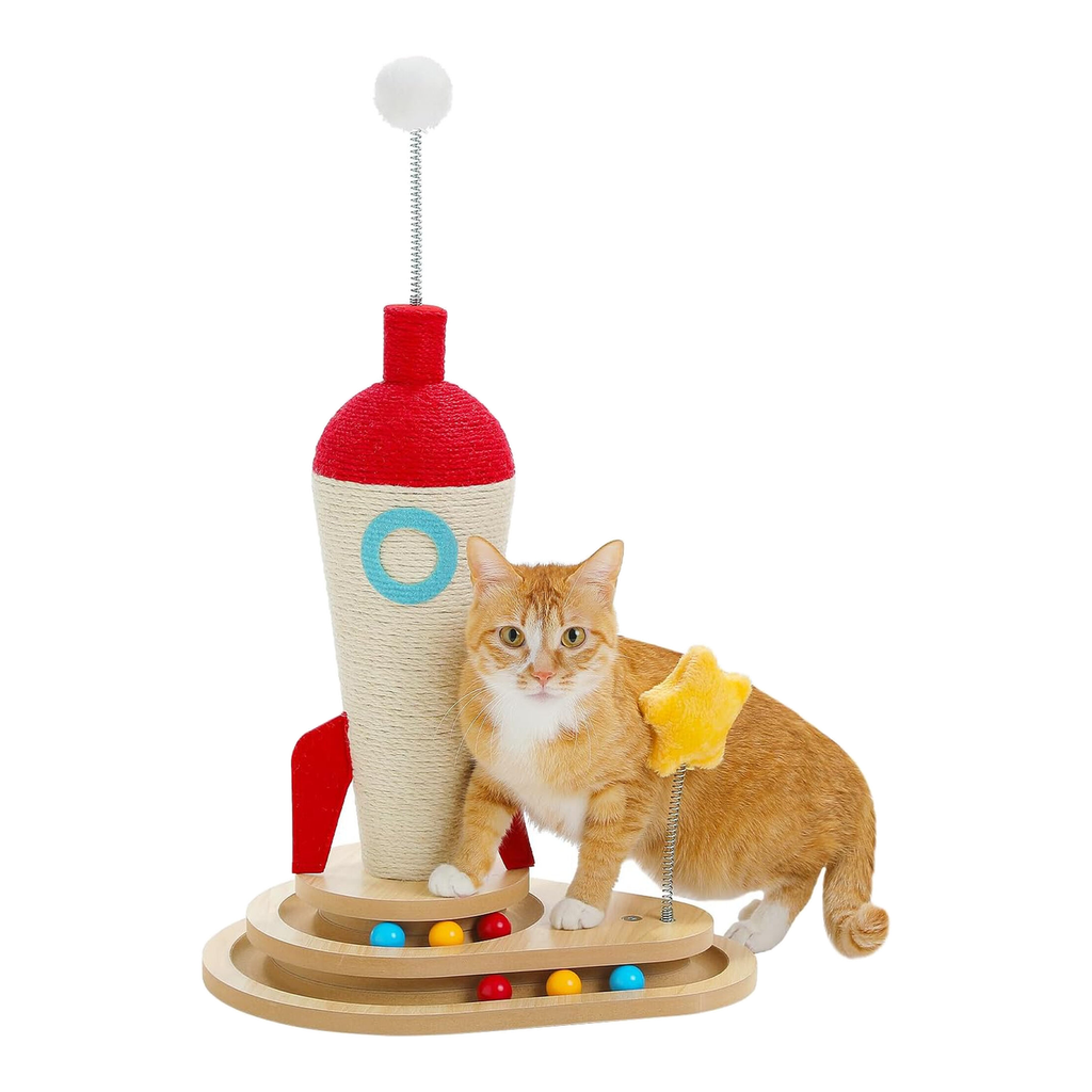 PAWZ Road Jouet interactif pour chat avec griffoir en forme de fusée, griffoir en sisal & piste de balle avec volant en bois massif 63 cm, multifonctionnel, favorise l'entretien des griffes & la protection des meubles