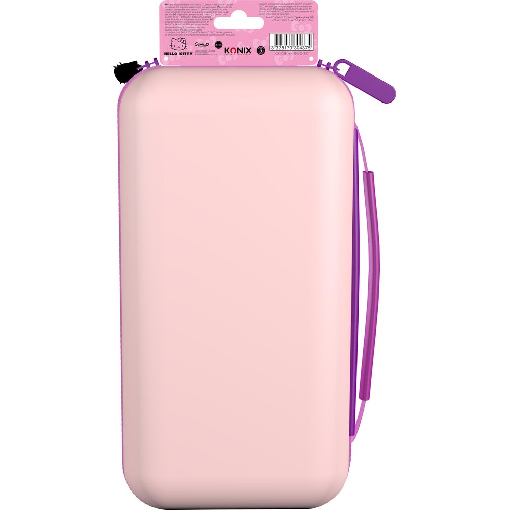 Konix Hello Kitty Housse de protection et transport console Nintendo Switch 2 - Filet rangement accessoires - 8 compartiments jeux - Motif 3D - Rose