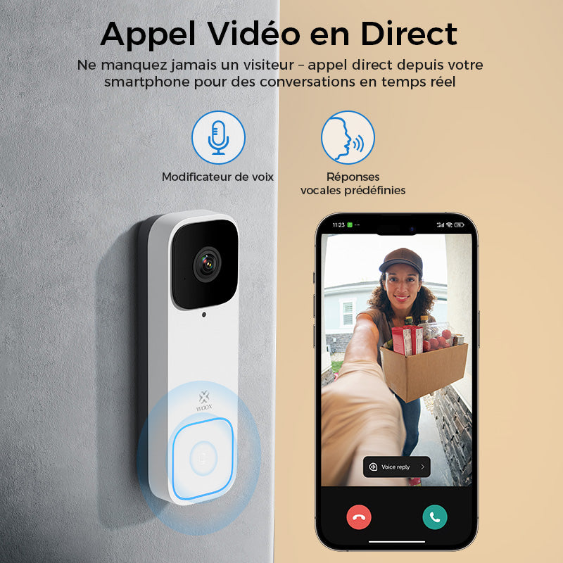 WOOX Sonnette sans fil avec caméra, sonnette vidéo 2K UHD alimentée par batterie 5200 mAh, champ de vision 170°, détection des personnes/colis, vision nocturne, audio bidirectionnel