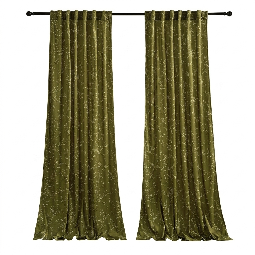 PONY DANCE Rideaux en Velours Imprimé Floral à Lanières Arrière Isolants Thermiques Draperies de Fenêtre Filtrantes pour Chambre/Salon, 2 Panneaux, l 127 x L 220 cm, Vert Olive