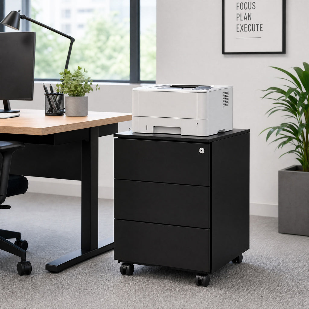 JOYFURNOS Armoire à dossiers mobile verrouillable noir mat – 3 tiroirs, préassemblée, rangement pour documents et fournitures, 39 x 45,1 x 53,8 cm – rangement compact pour bureau ou télétravail