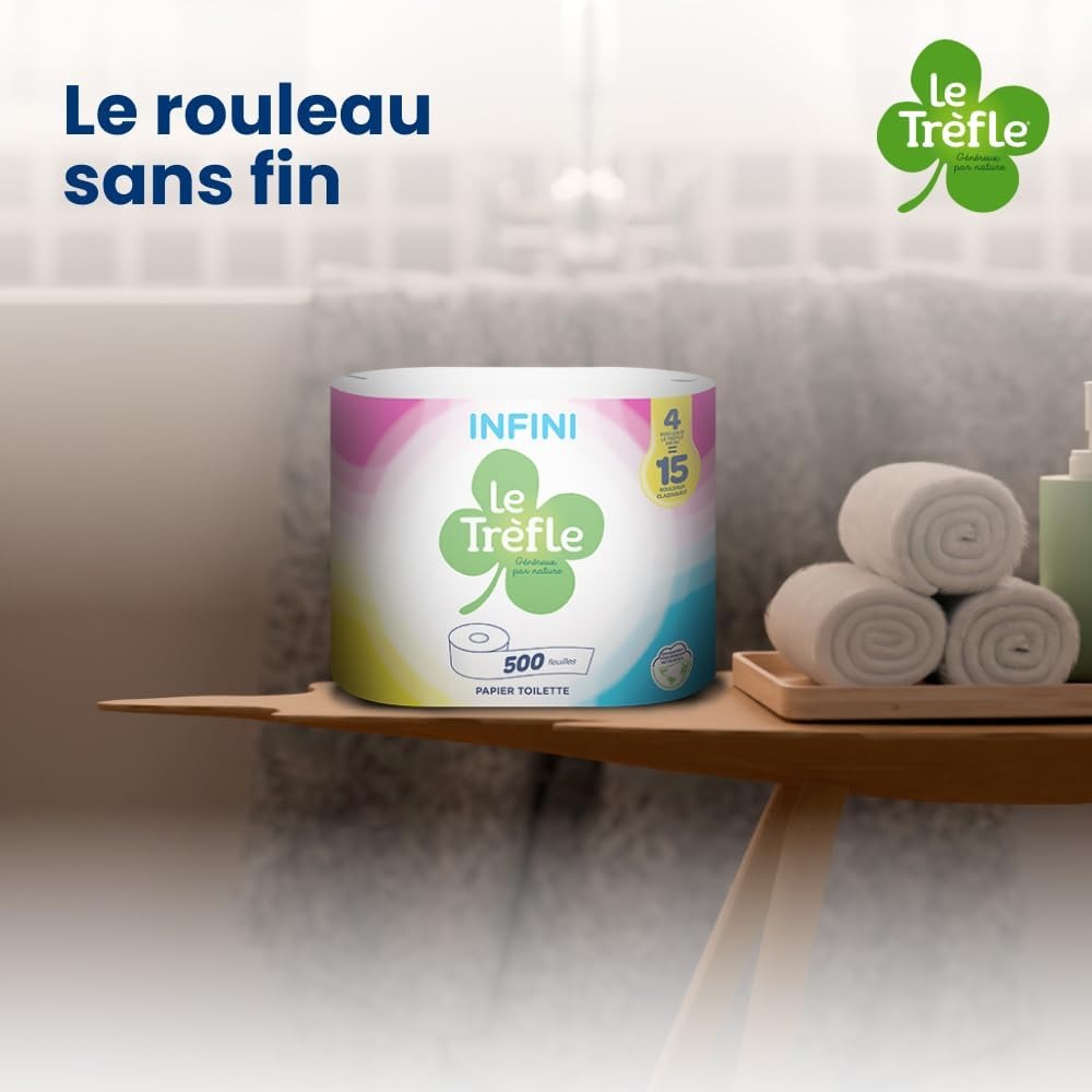 LE TRÈFLE Infinity Papier Toilette 2 Épaisseurs Maxi Rouleaux, 500 Feuilles par Rouleau, 4 Rouleaux