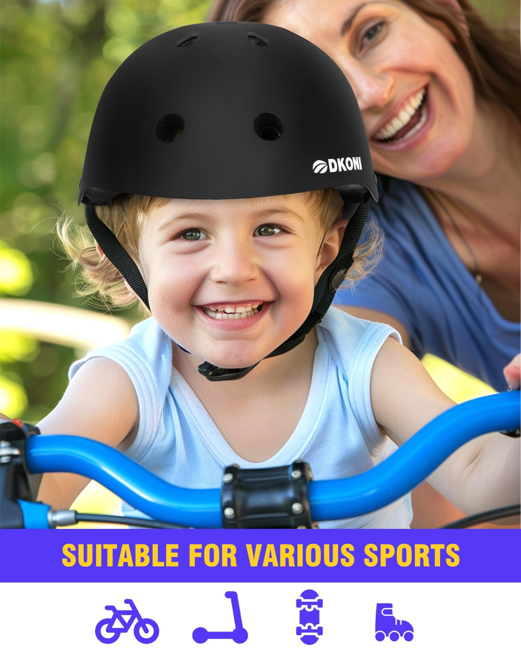 DKONI HS-001 Casque de vélo réglable pour enfants, multi-sports - Noir - S - 48-52 cm