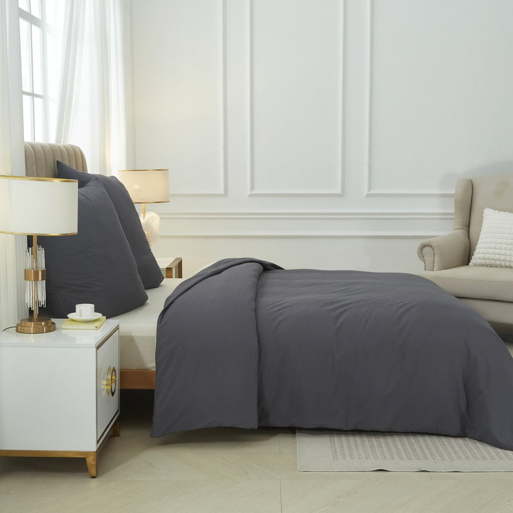 Meeallhome Parure de housse de couette lavée brossée, 155 x 220 cm/80 x 80 cm x 2, Gris foncé
