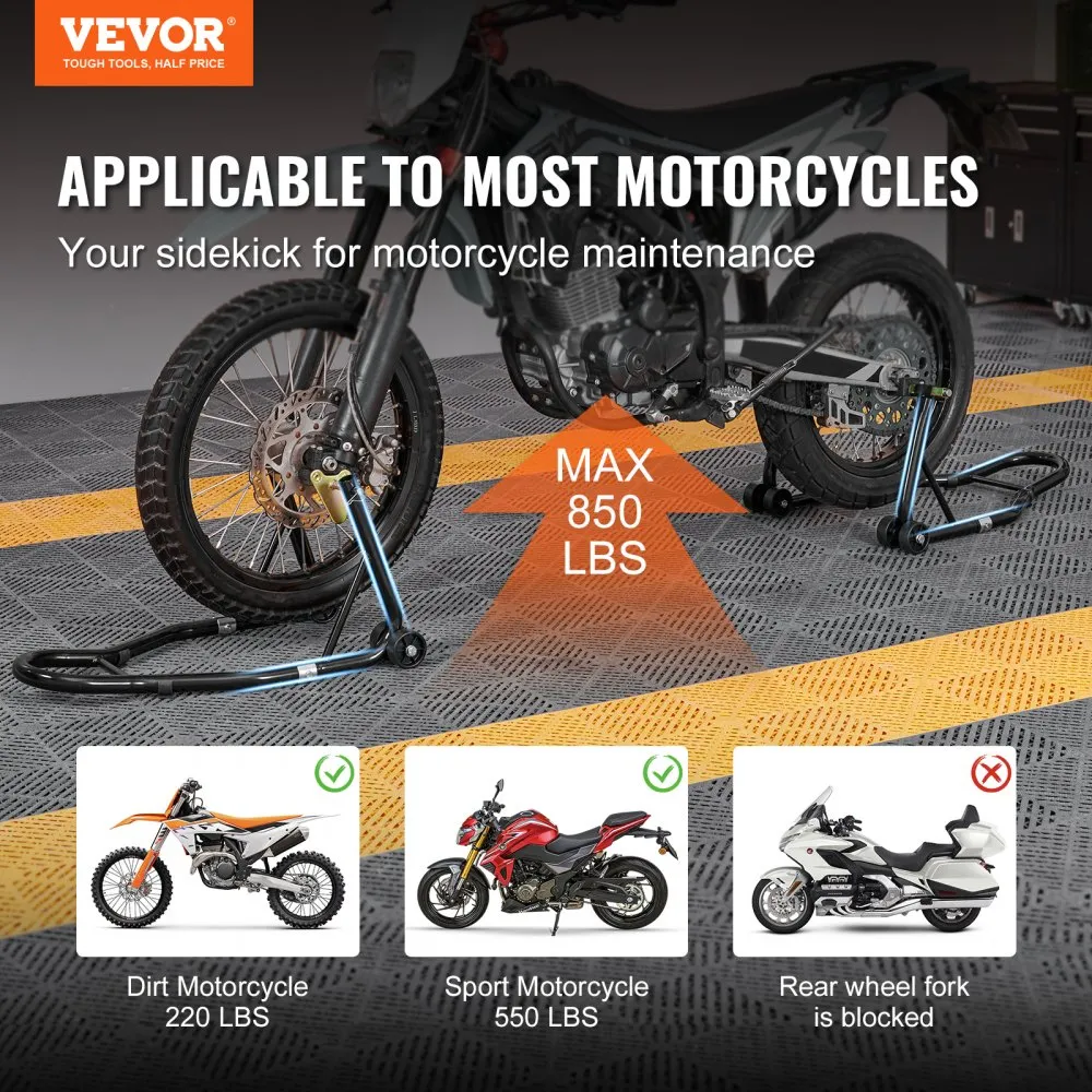 VEVOR Kit de Support de Piste pour Moto, Capacité de Charge de 386 kg, Support de Levage pour Roues Avant et Arrière avec Fourche L, Fourche U et Adaptateurs à Double Fourche