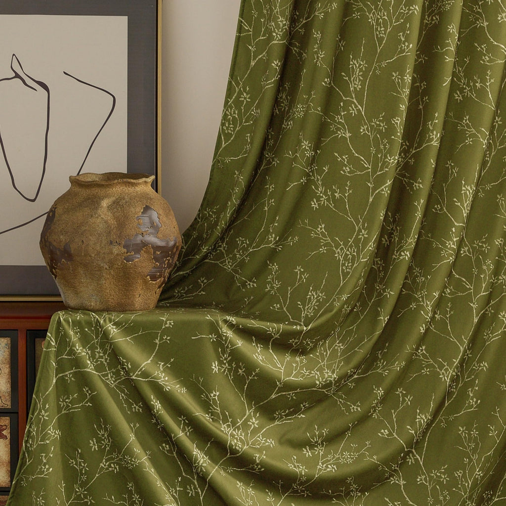 PONY DANCE Rideaux en Velours Imprimé Floral à Lanières Arrière Isolants Thermiques Draperies de Fenêtre Filtrantes pour Chambre/Salon, 2 Panneaux, l 127 x L 220 cm, Vert Olive