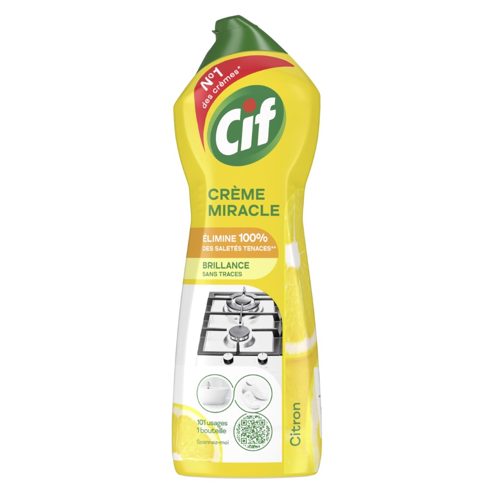 CIF Crème à récurer Miracle anti-traces élimine les salissures tenaces Citron 750 ml