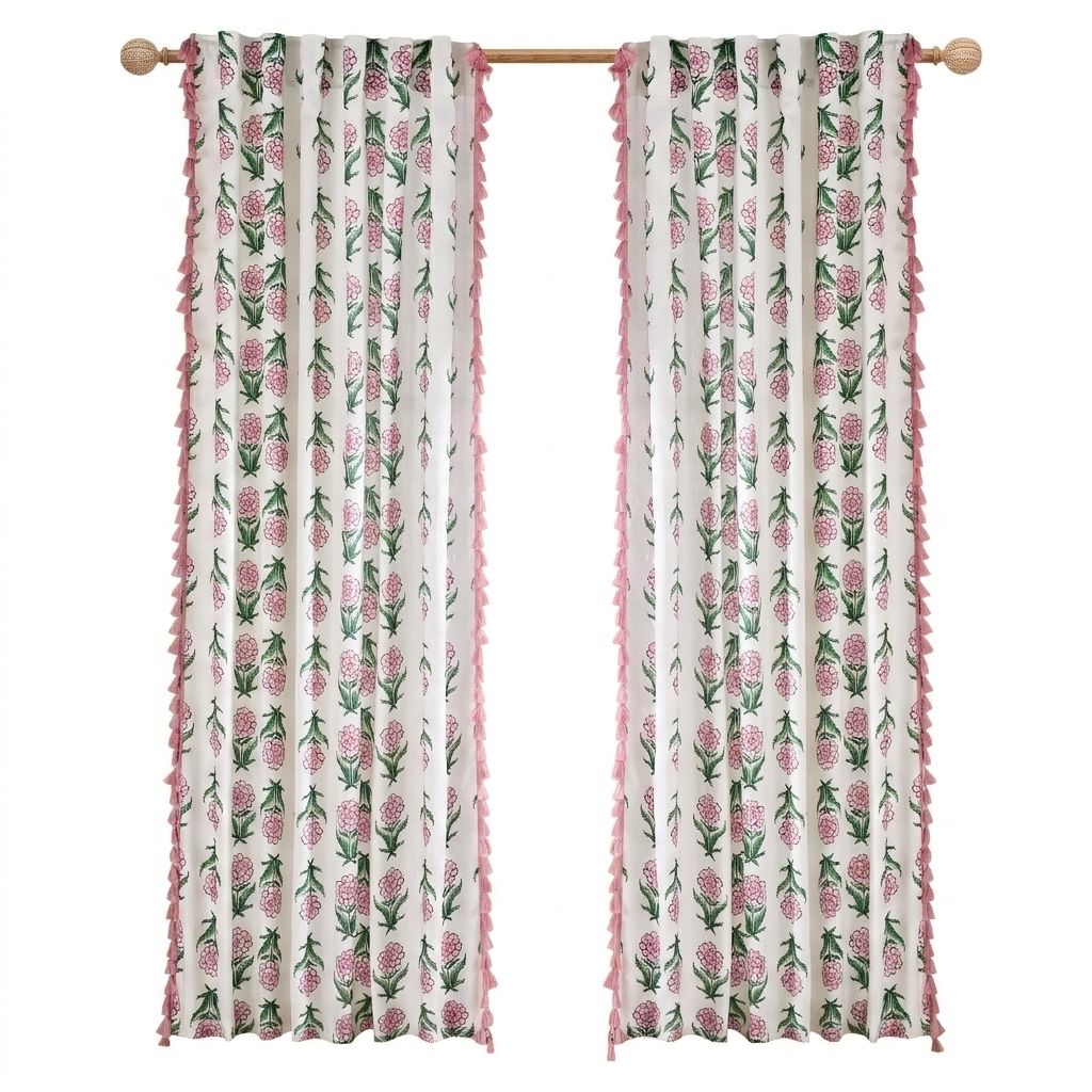 PONY DANCE Rideaux en Lin Floral pour Salon Épais et Durables Mélange Coton-Lin, Panneaux de Fenêtre Verticaux Intimité Bohème avec Pompons pour Chambre/Maison de Campagne, 2 Panneaux