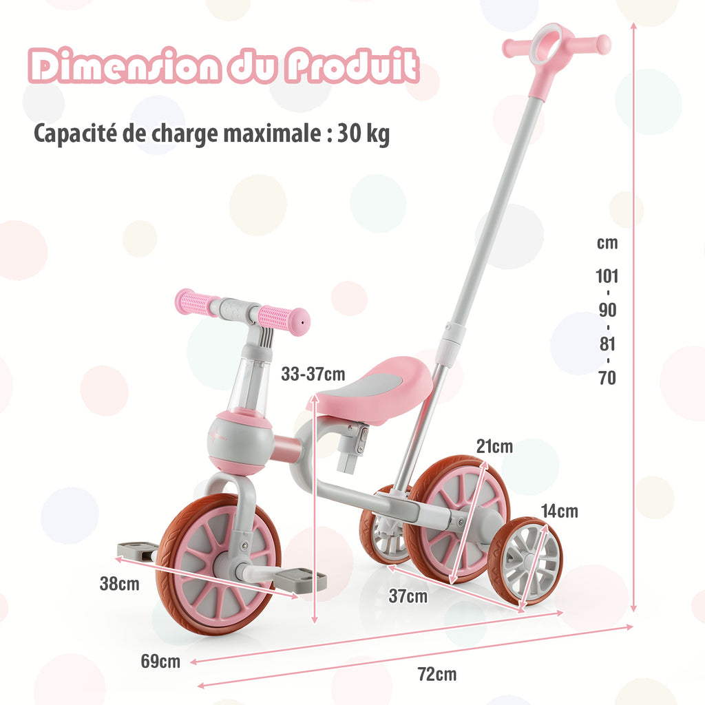 Costway Tricycle enfant 4-en-1 avec barre de poussée parentale réglable, adapté aux 2-4 ans - Rose