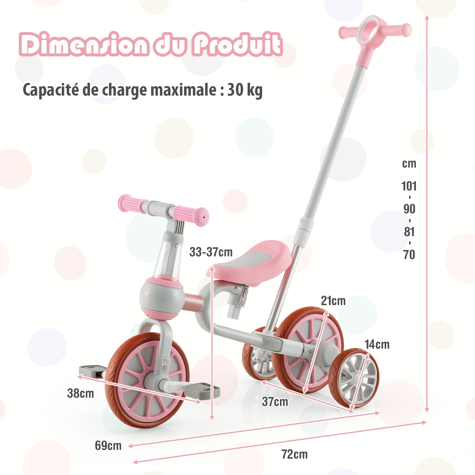 Costway Tricycle enfant 4-en-1 avec barre de poussée parentale réglable, adapté aux 2-4 ans - Rose