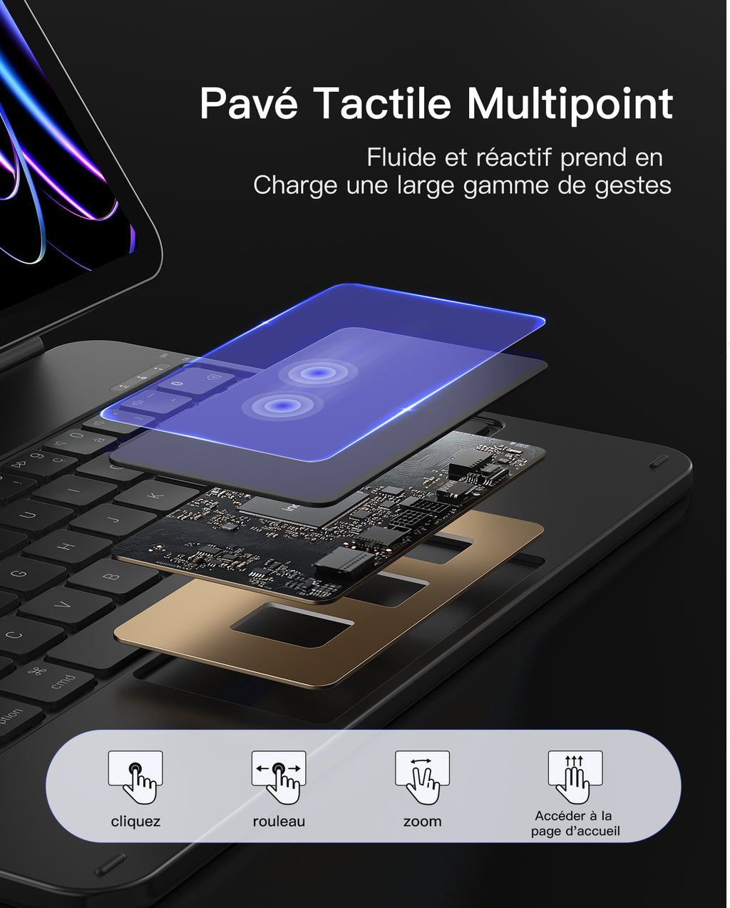 Inateck Housse Clavier magnétique pour iPad Air 11" M4/M3/M2, Air 5e/4e gen 10,9", Pro 11" (1re-4e gen) : Support Cantilever Flottant, rétroéclairage 7 Couleurs et trackpad, AZERTY