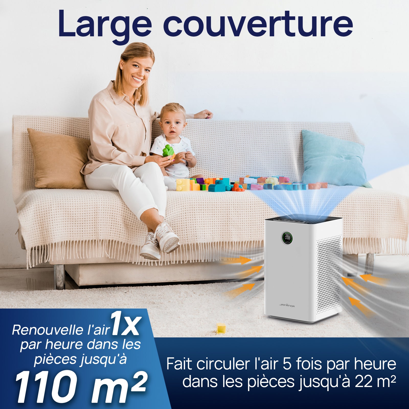 JAFANDA Purificateur d’air pour grandes pièces jusqu’à 1190 pi², Filtre HEPA H13 véritable avec charbon actif, Contrôle intelligent WiFi et Alexa, Élimine poussière, pollen