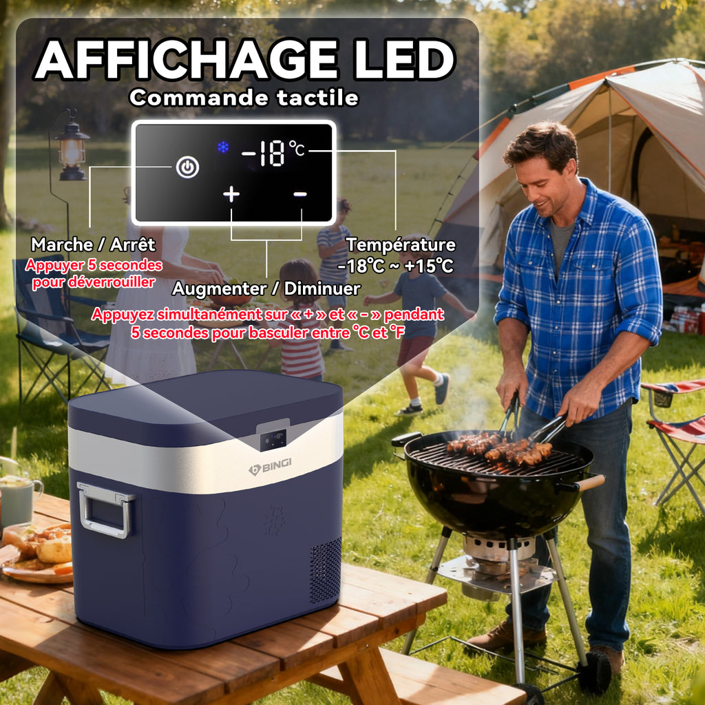 BINGI 22L Réfrigérateur Portable à Compresseur, Congélateur 12/24V DC pour Voiture avec Refroidissement Rapide, Mini Glacière Électrique pour Camion Camping Caravane Pique-nique Maison - Bleu