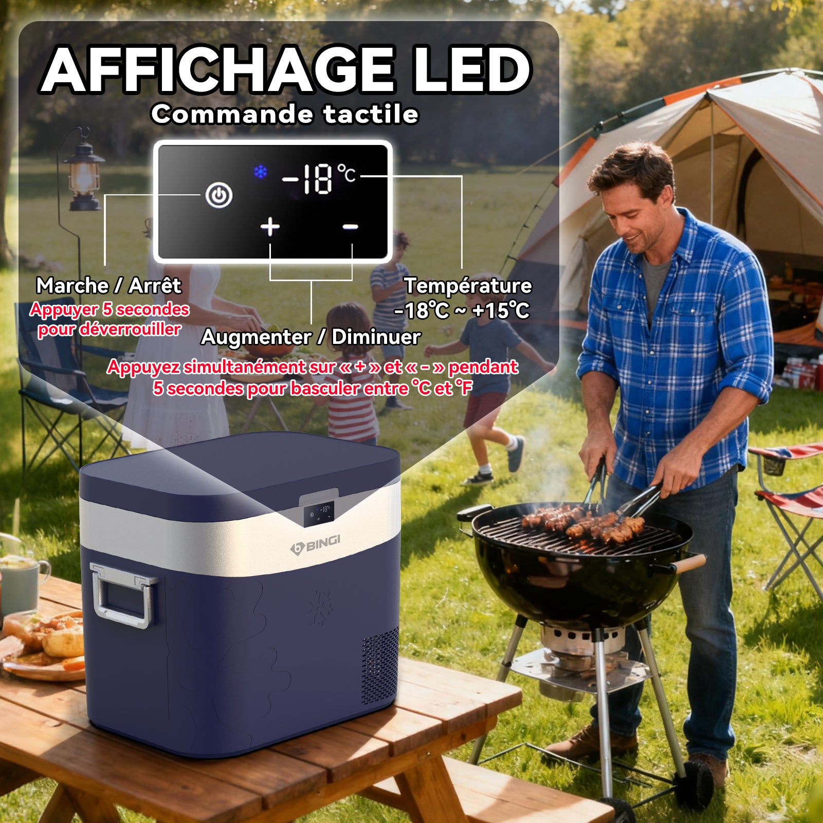 BINGI 22L Réfrigérateur Portable à Compresseur, Congélateur 12/24V DC pour Voiture avec Refroidissement Rapide, Mini Glacière Électrique pour Camion Camping Caravane Pique-nique Maison - Bleu