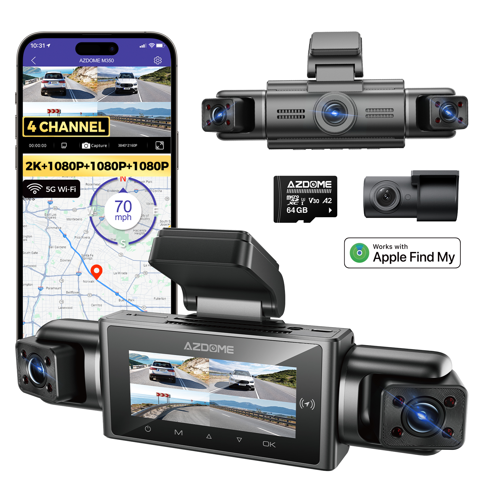 AZDOME M350 Dashcam 4 canaux vue complète 360° fonctionne avec Apple Localiser ma Dashcam avant 2,5K, 1080P caméra arrière gauche et droite pour voitures