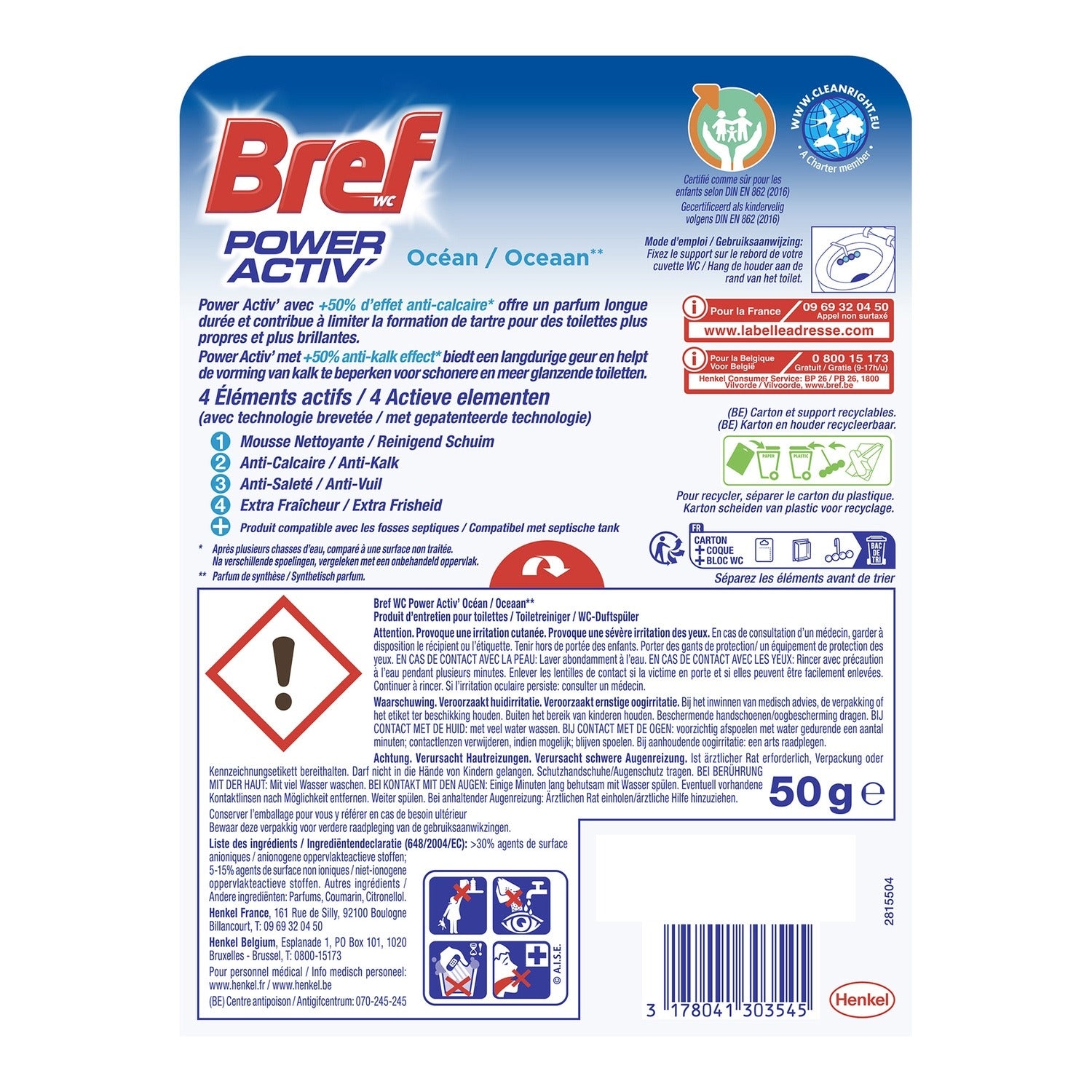 BREF Power Activ Bloc WC anticalcaire et anti-odeurs Océan 50 g