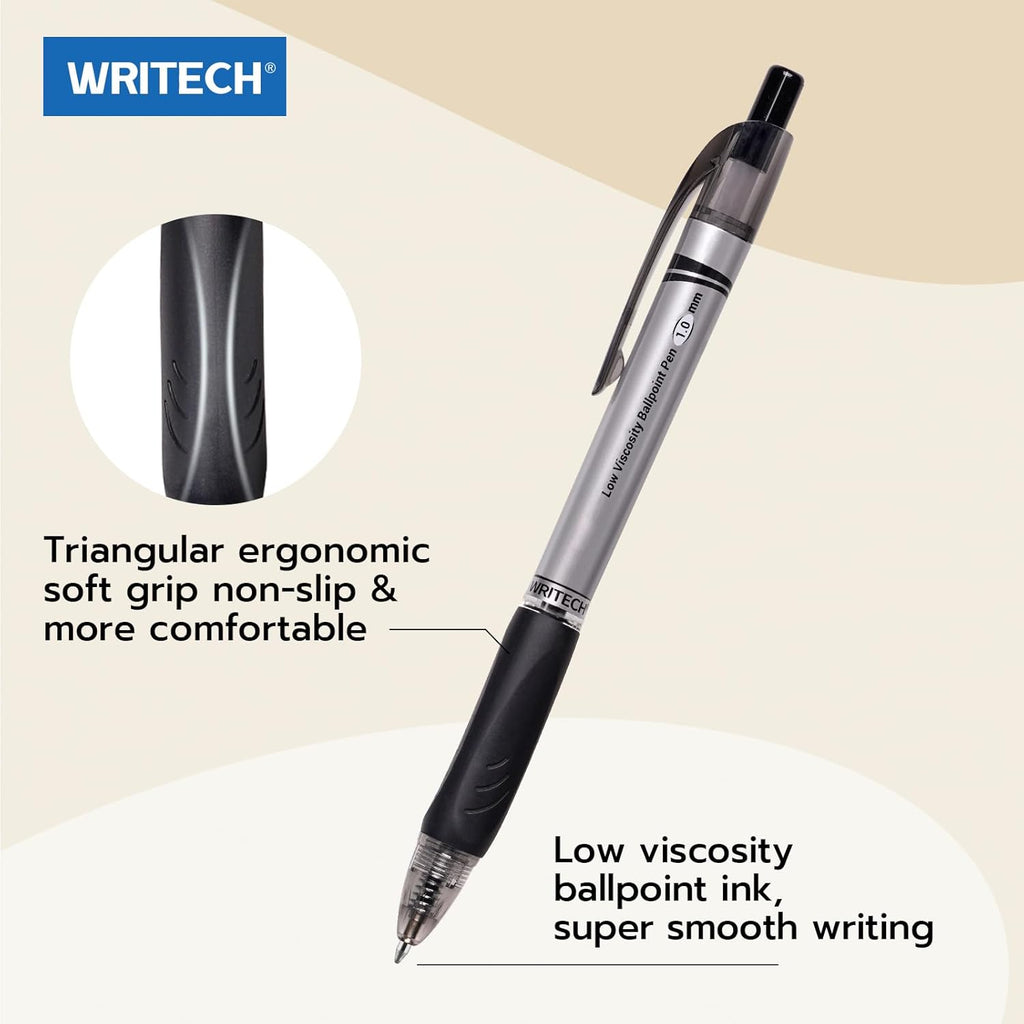 WRITECH Lot de 8 stylos à bille rétractables, pointe moyenne 1,0 mm, encre noire, bleue et rouge, écriture fluide, encre à faible viscosité