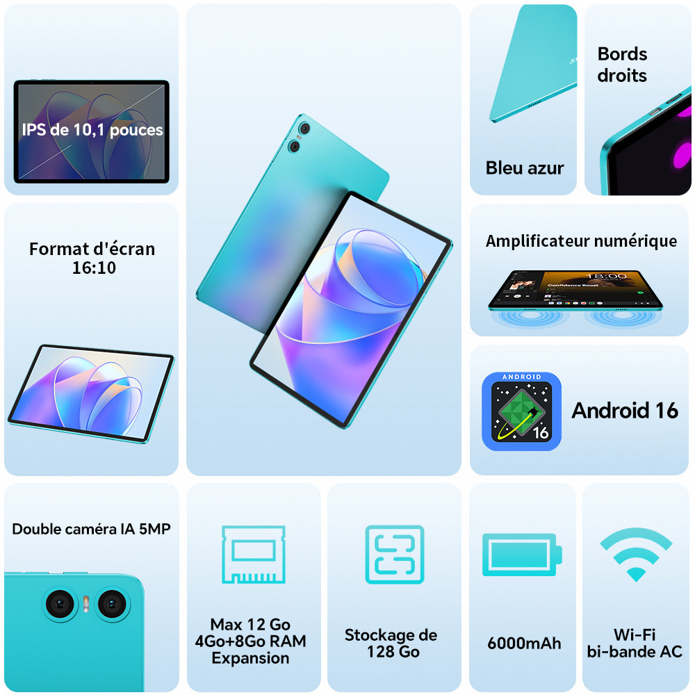 TECLAST P30 Tablette 10,1 pouces, processeur Unisoc T7200 octocœur, 4 Go + 8 Go RAM étendue, stockage 128 Go, extension carte TF 1 To, écran IPS 1280 x 800, Wi-Fi double bande, 6000 mAh