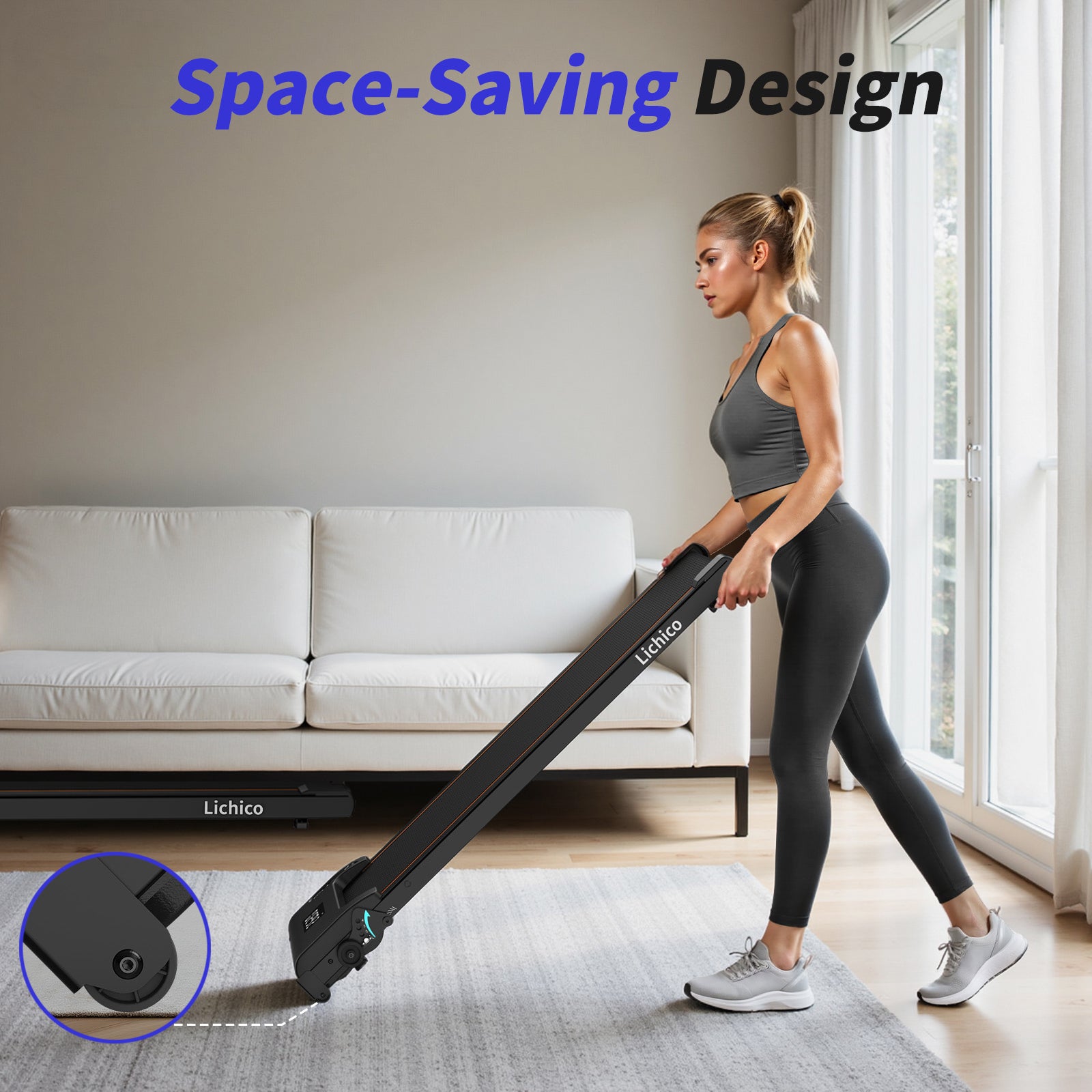 Appareil de fitness lichico, tapis de marche et de course domestique silencieux pliable avec pente de 9%, grande capacité de charge de 130 kg, réglage de la vitesse par télécommande