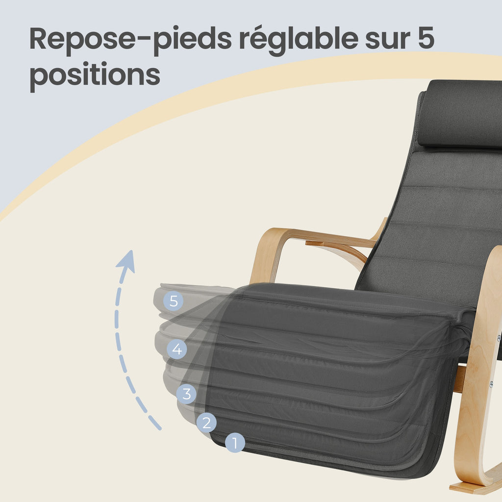 JOYFURNOS Fauteuil à bascule gris foncé et naturel avec accoudoirs en bouleau – Repose-pieds réglable à 5 niveaux, supporte jusqu’à 150 kg – Idéal pour salon ou chambre