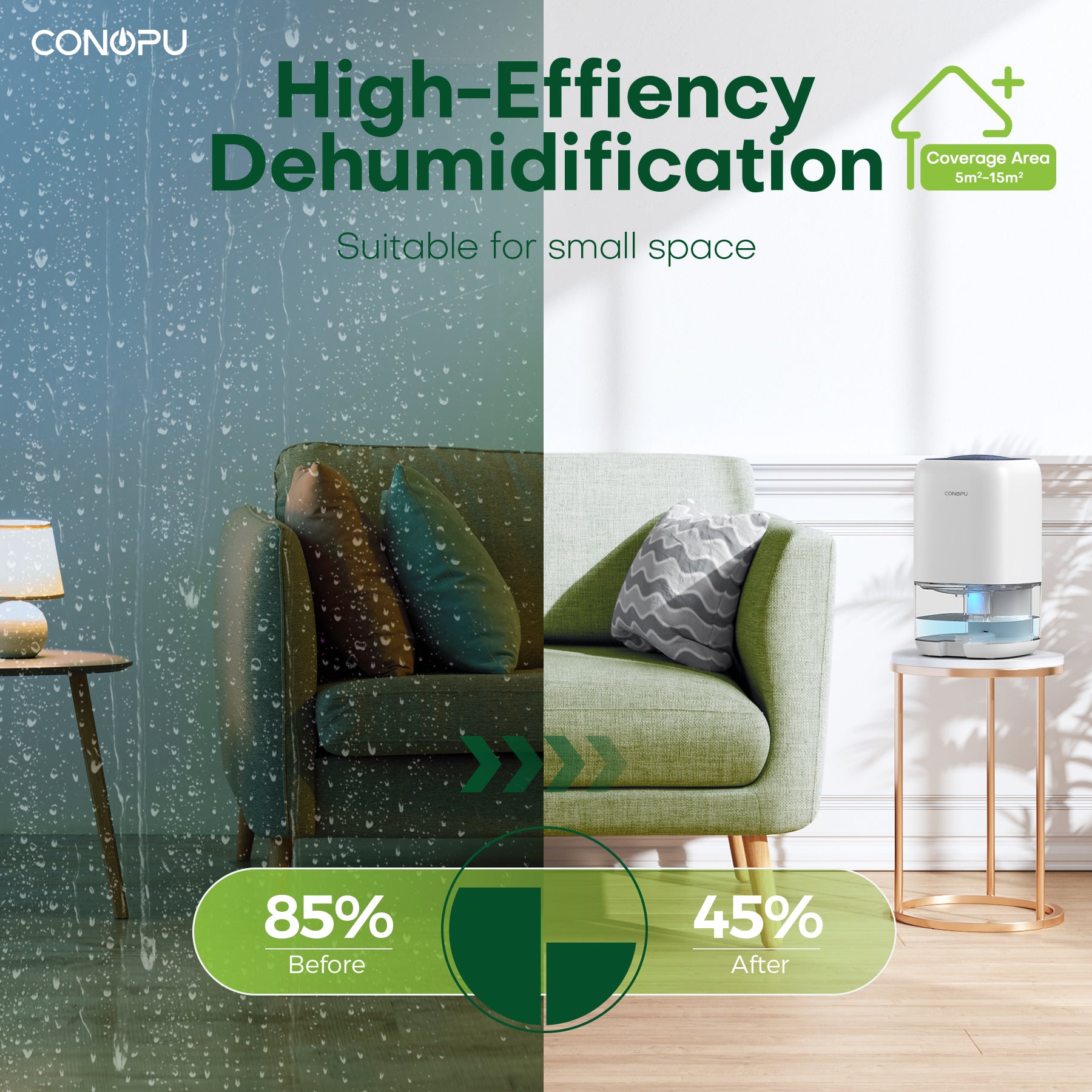CONOPU Déshumidificateur CS01H, réservoir d'eau de 1000 ml, idéal pour les petits espaces, élimination de l'humidité de 450 ml/jour, ultra silencieux, éclairage ambiant LED 7 couleurs