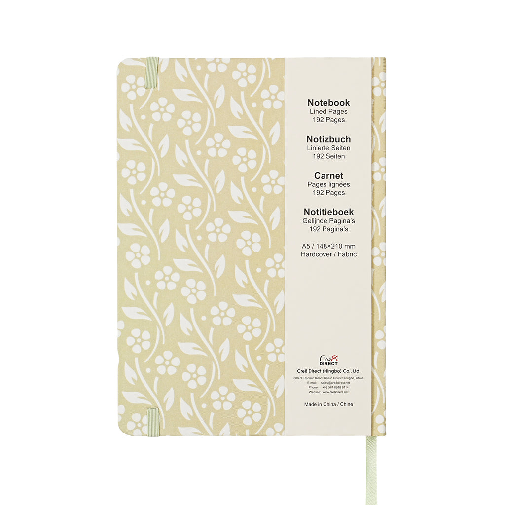 Jubiluu Carnet ligné A5 à couverture rigide en tissu floral - 96 feuilles (papier offset 100 g), marque-page et bande élastique - Journal ligné crème classique pour écriture, école