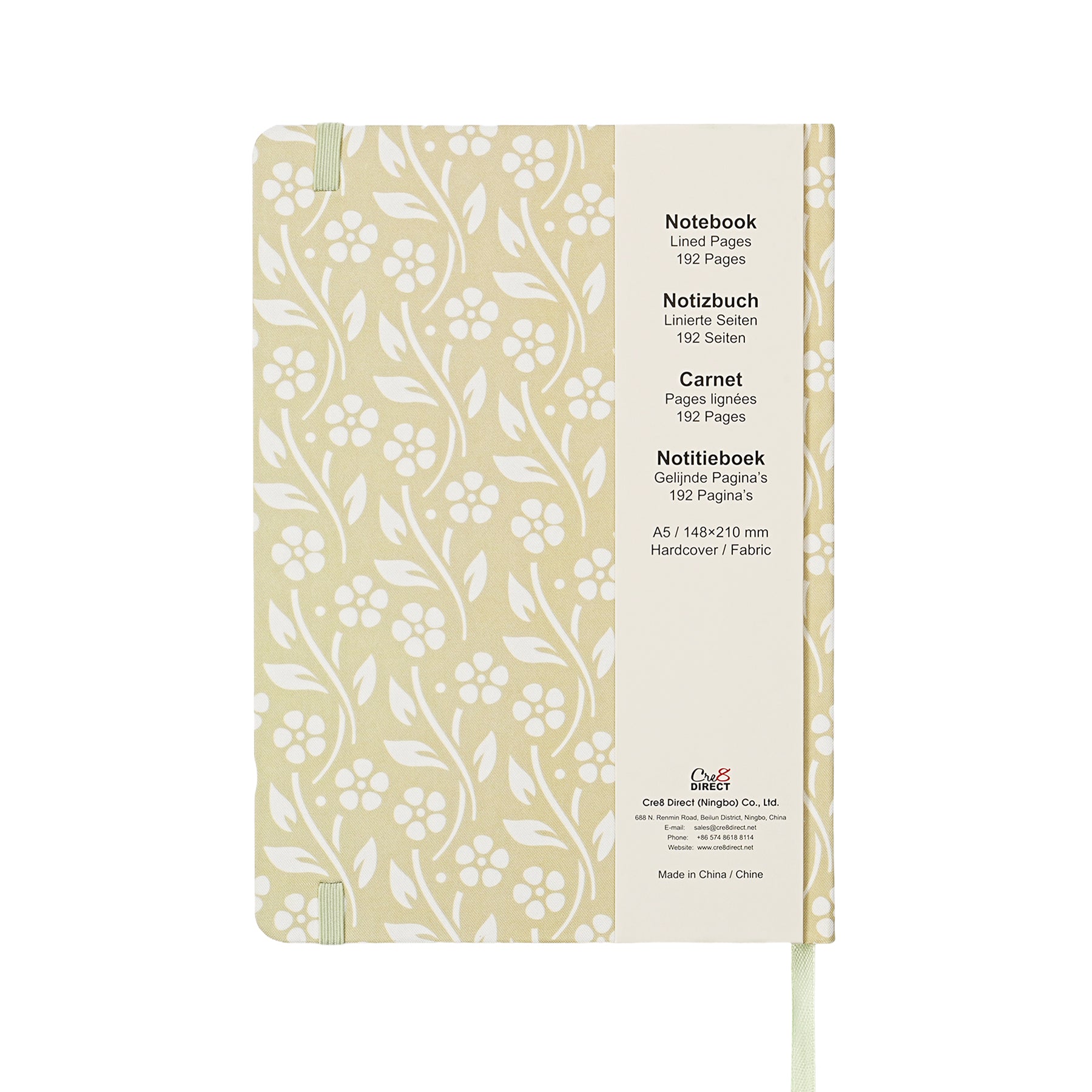 Jubiluu Carnet ligné A5 à couverture rigide en tissu floral - 96 feuilles (papier offset 100 g), marque-page et bande élastique - Journal ligné crème classique pour écriture, école