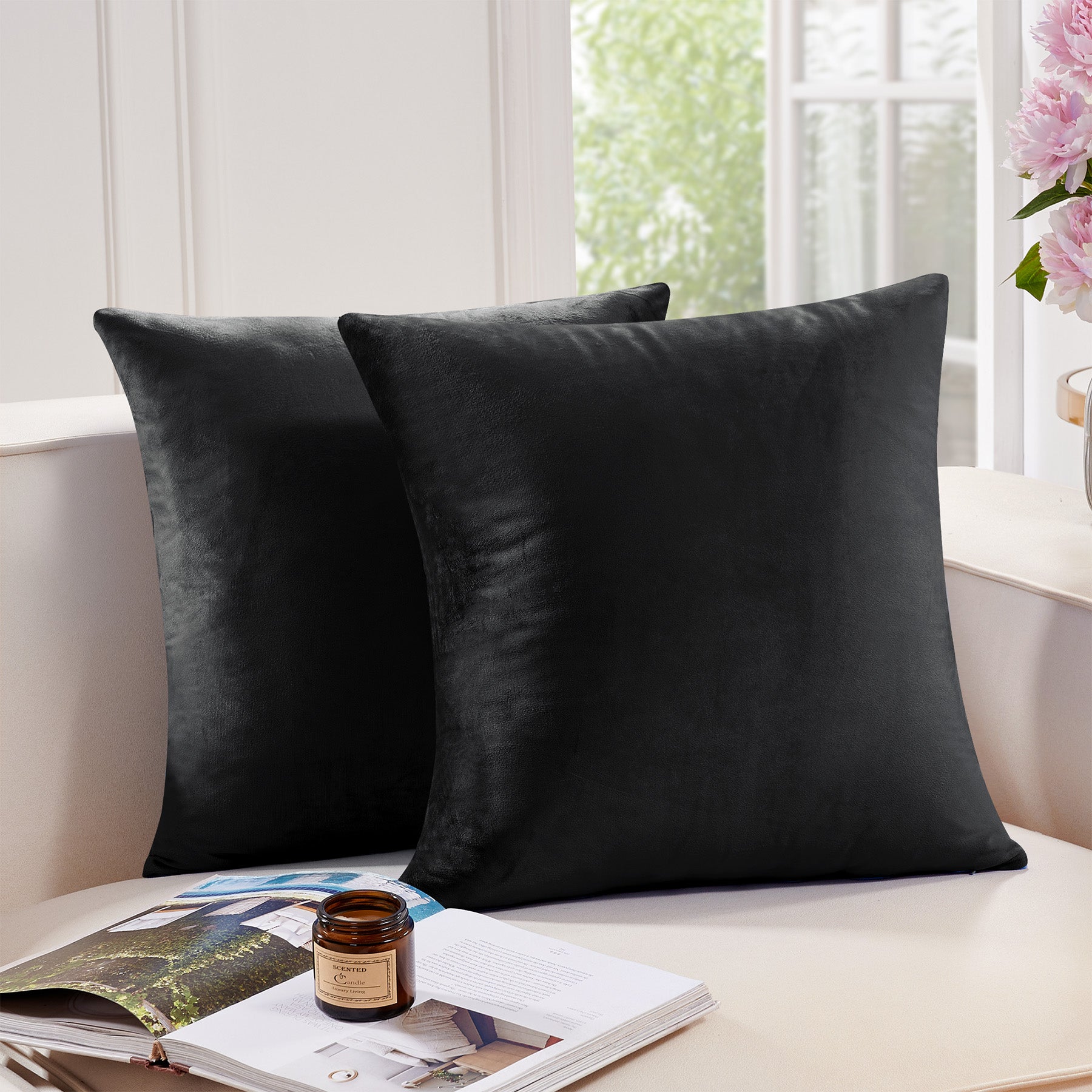 Deconovo Housse de coussin en velours néerlandais, couleur noire, 45 x 45 cm, 1 pièce