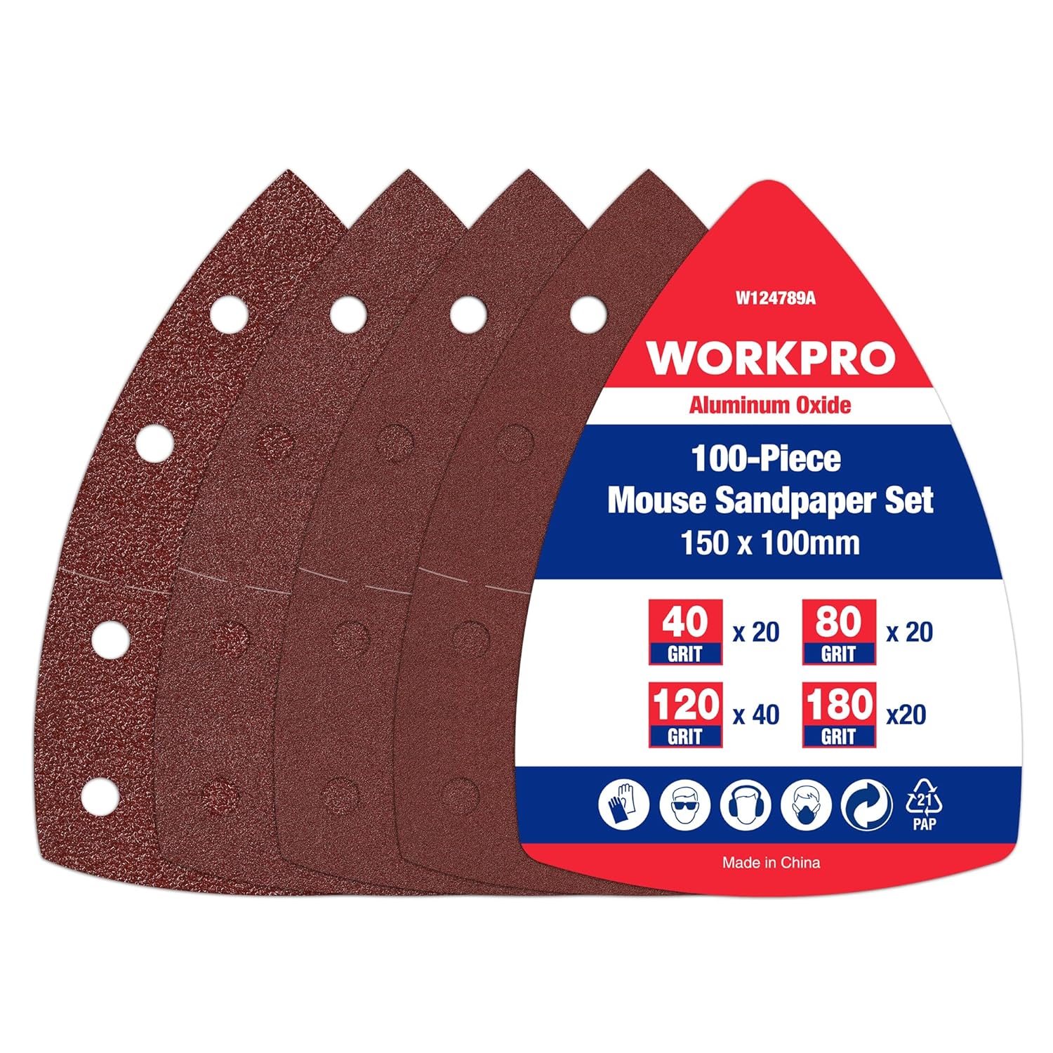 WORKPRO Lot de 100 feuilles de ponçage triangulaires Velcro delta, 105 x 152 mm, grains 40/80/120/180 pour ponçage bois.