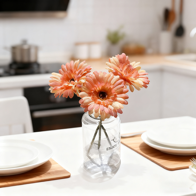 Yuejia 3 pièces 9,05 po/23 cm Fleurs de gerbera en soie artificielle Mariage maison vérandas Décoration de table Faux chrysanthèmes marguerites Fête Décoration de maison (Orange)