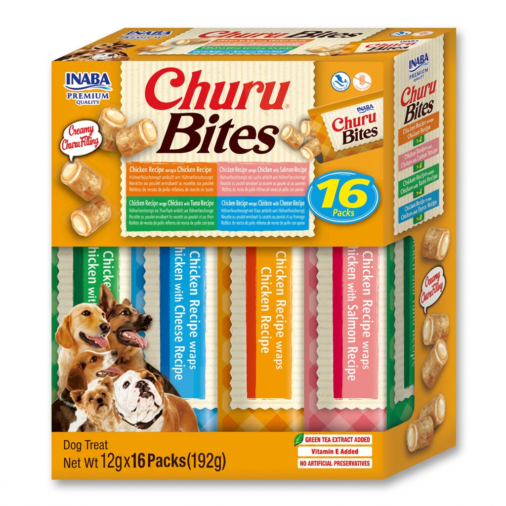 INABA Bouchées friandises pour chiens, Assortiment 4 saveurs de poulet, 12 g x 16 paquets