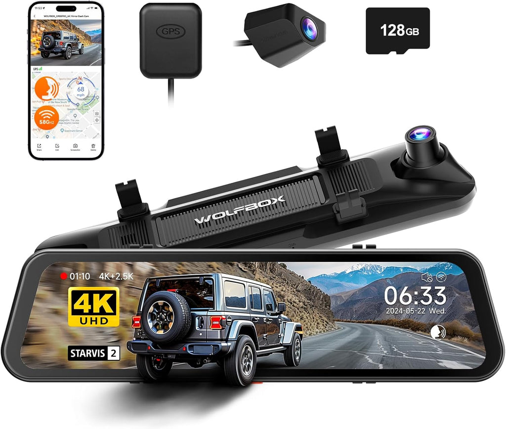 WOLFBOX G900 PRO Dashcam rétroviseur avec capteur 8 MP STARVIS IMX678, caméra rétroviseur 12 pouces avec vision arrière 2,5K et avant 4K, carte SD 128 Go incluse, commande vocale