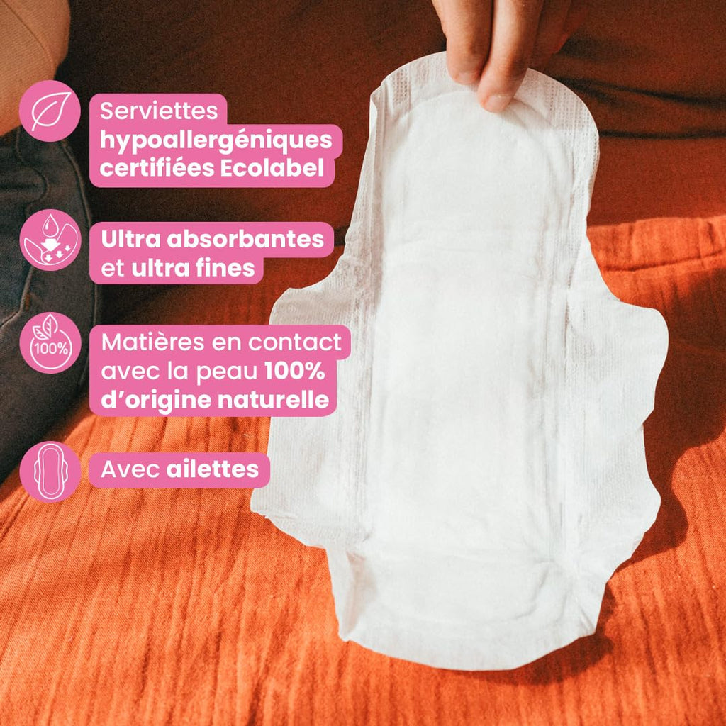 LOVE & GREEN Serviettes Hygiéniques Hypoallergéniques avec Ailettes Super - 12 serviettes