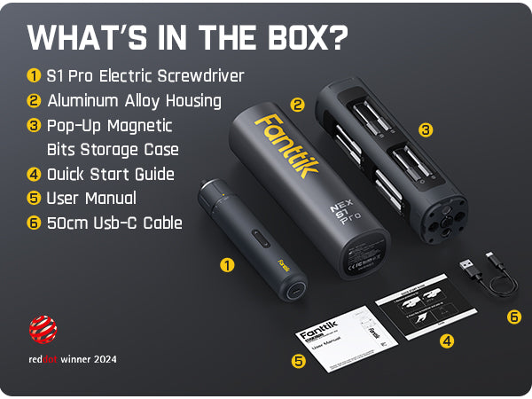 Fanttik S1 Pro Tournevis électrique, 16 embouts en acier S2, 3 réglages de couple, Max. 6 N·m, Batterie 2000 mAh, Éclairage LED et porte-embout hexagonal 1/4 po, pour meubles et PC de jeu