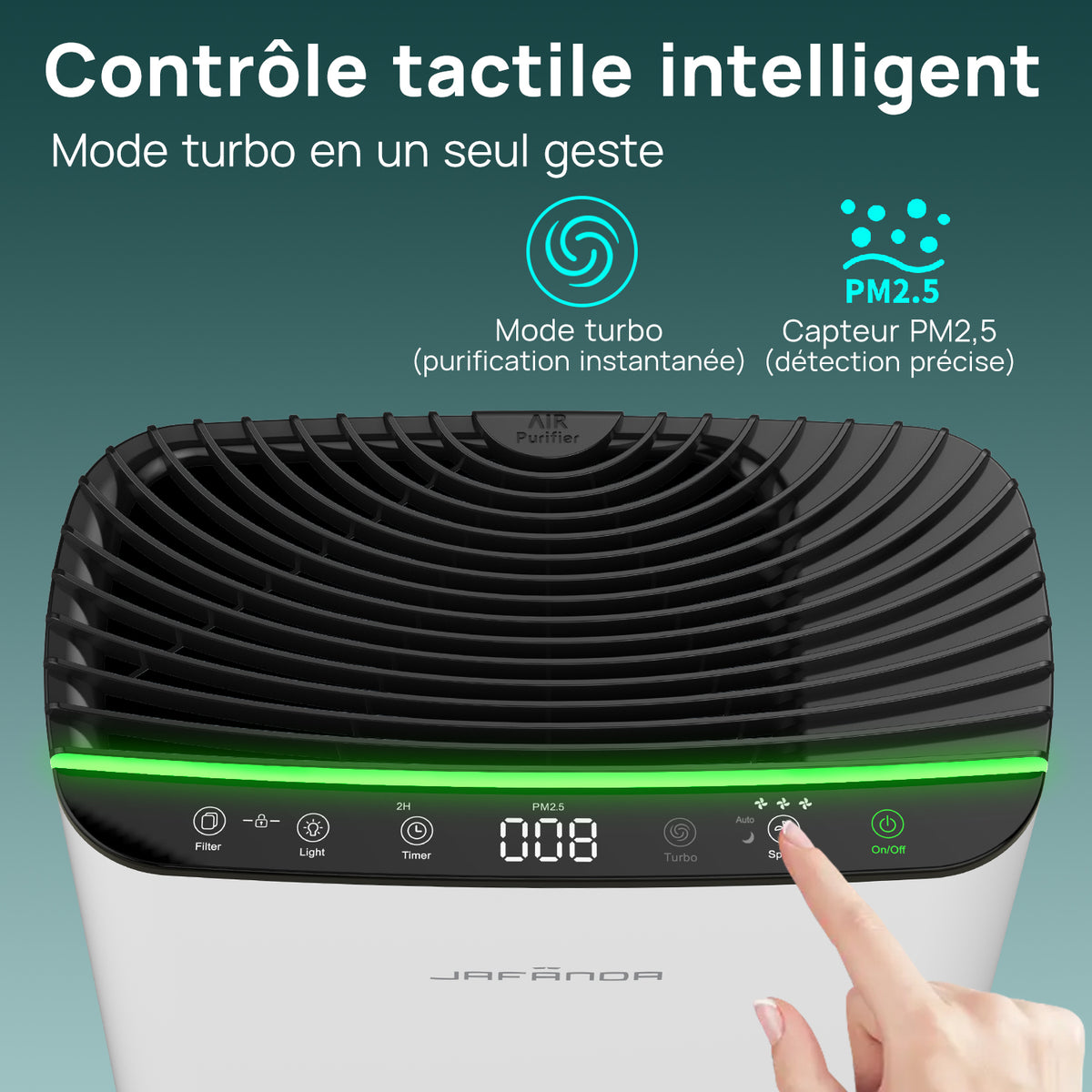 JAFANDA Purificateur d'air maison, Jusqu'à 1226 ft², Filtre True HEPA avec Affichage PM2.5, Mode sommeil 20 dB, Élimine Poils d'animaux, Odeurs, Poussière, Fumée, Pollen et Allergènes