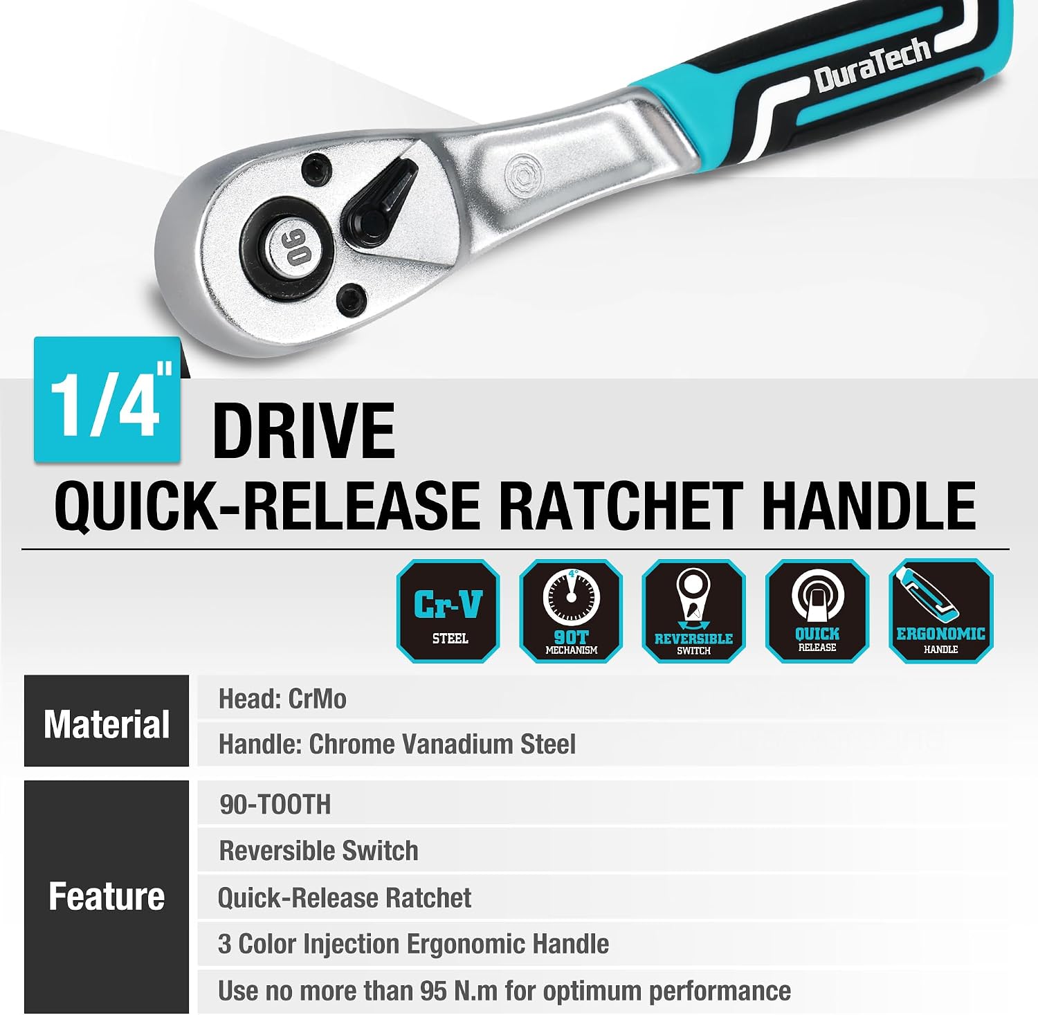 DURATECH Clé à Cliquet 1/4" avec 90 Dents, Cliquet à Libération Rapide