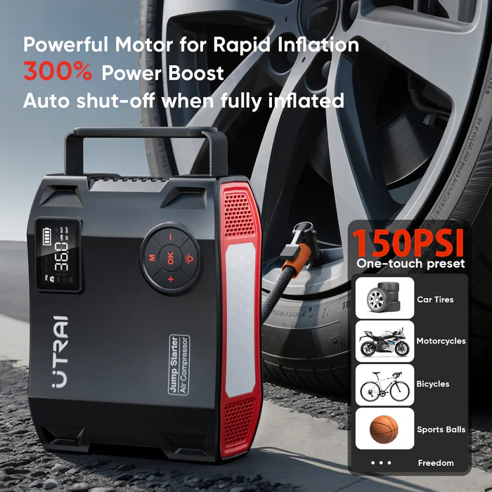 UTRAI JS5 6000A Booster de démarrage pour voiture avec compresseur d'air (150PSI), Booster 12V pour tous les véhicules essence et diesel jusqu'à 10L, Sortie DC 160W/1600lm