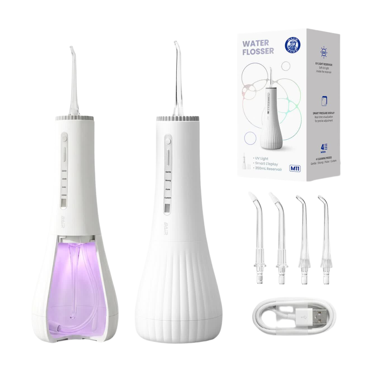 BAIR CARE M11 Hydropulseur dentaire avec désinfection UV (élimination de 99,9 % des bactéries), réservoir extra-large 360 ml, rangement des embouts, rechargeable USB-C