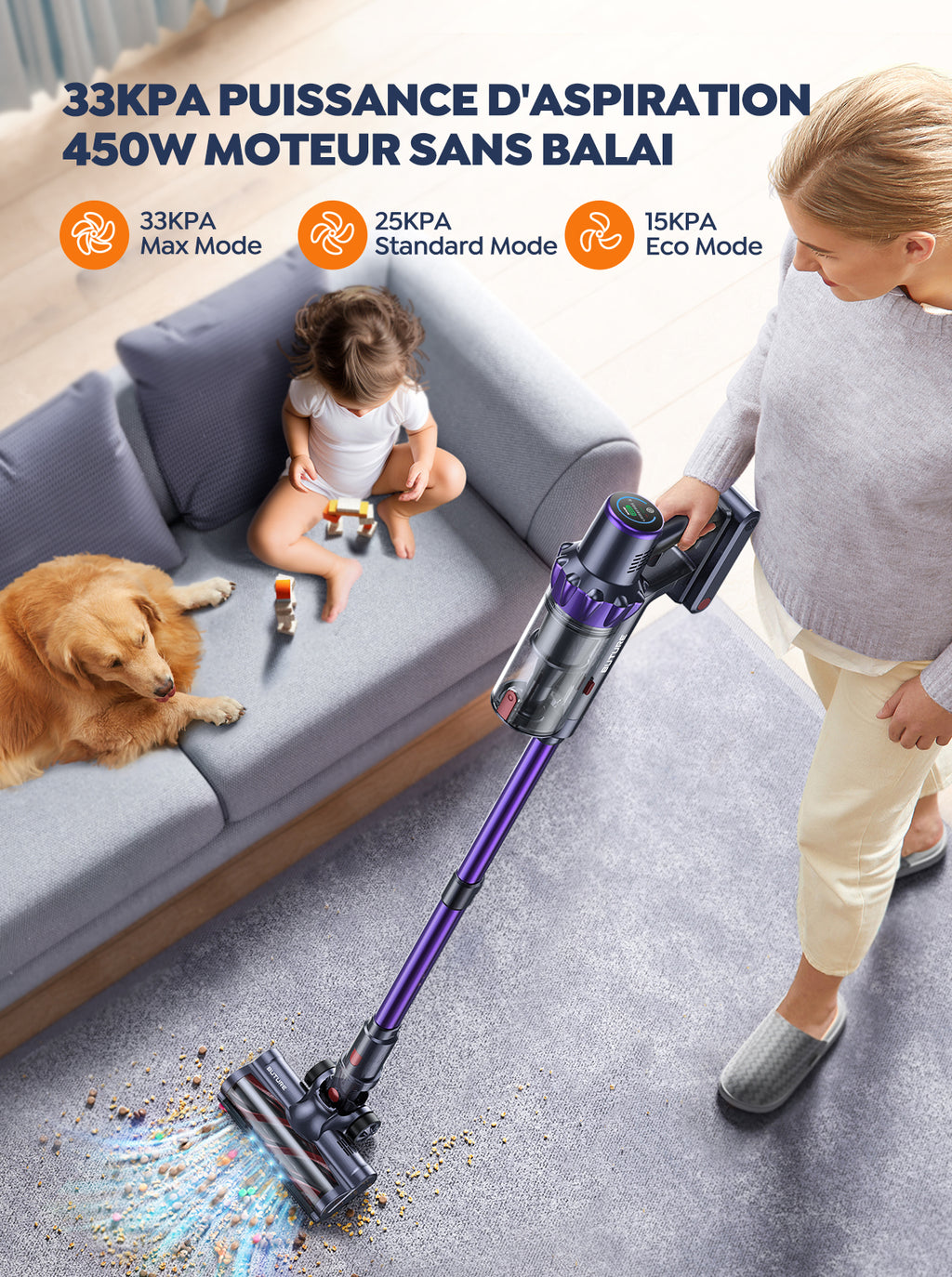 BuTure VC70 Aspirateur sans fil 450 W 50 kPa, Moteur sans balais, Autonomie 55 min, Filtre HEPA pour poils d'animaux, sols durs et tapis