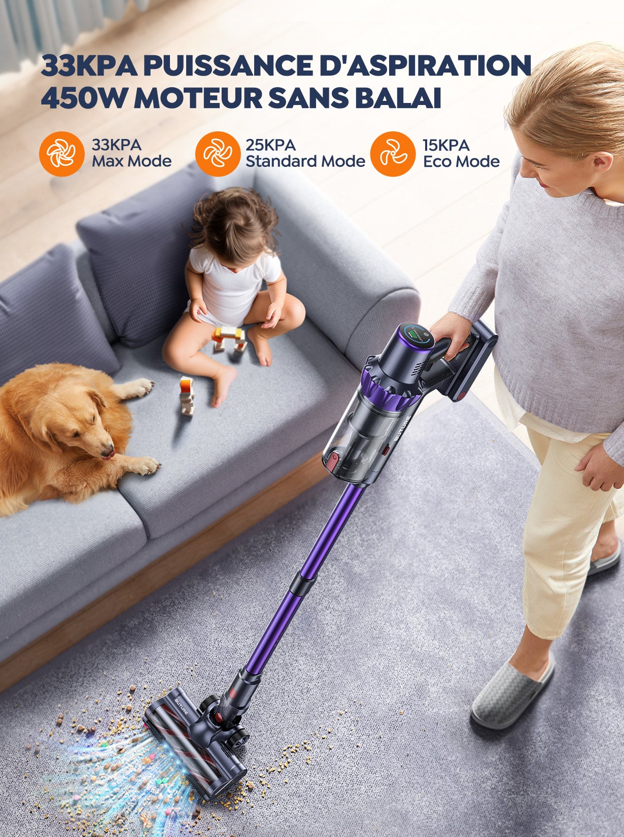 BuTure VC70 Aspirateur sans fil 450 W 50 kPa, Moteur sans balais, Autonomie 55 min, Filtre HEPA pour poils d'animaux, sols durs et tapis
