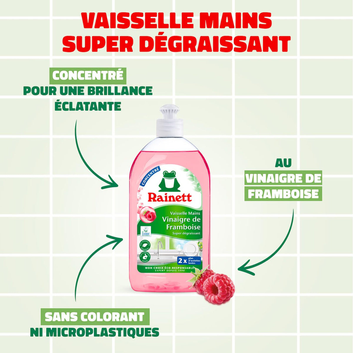 Rainett Eco Liquide Vaisselle Super Dégraissant Vinaigre de Framboise 2 x 500 ml (= 1 L)