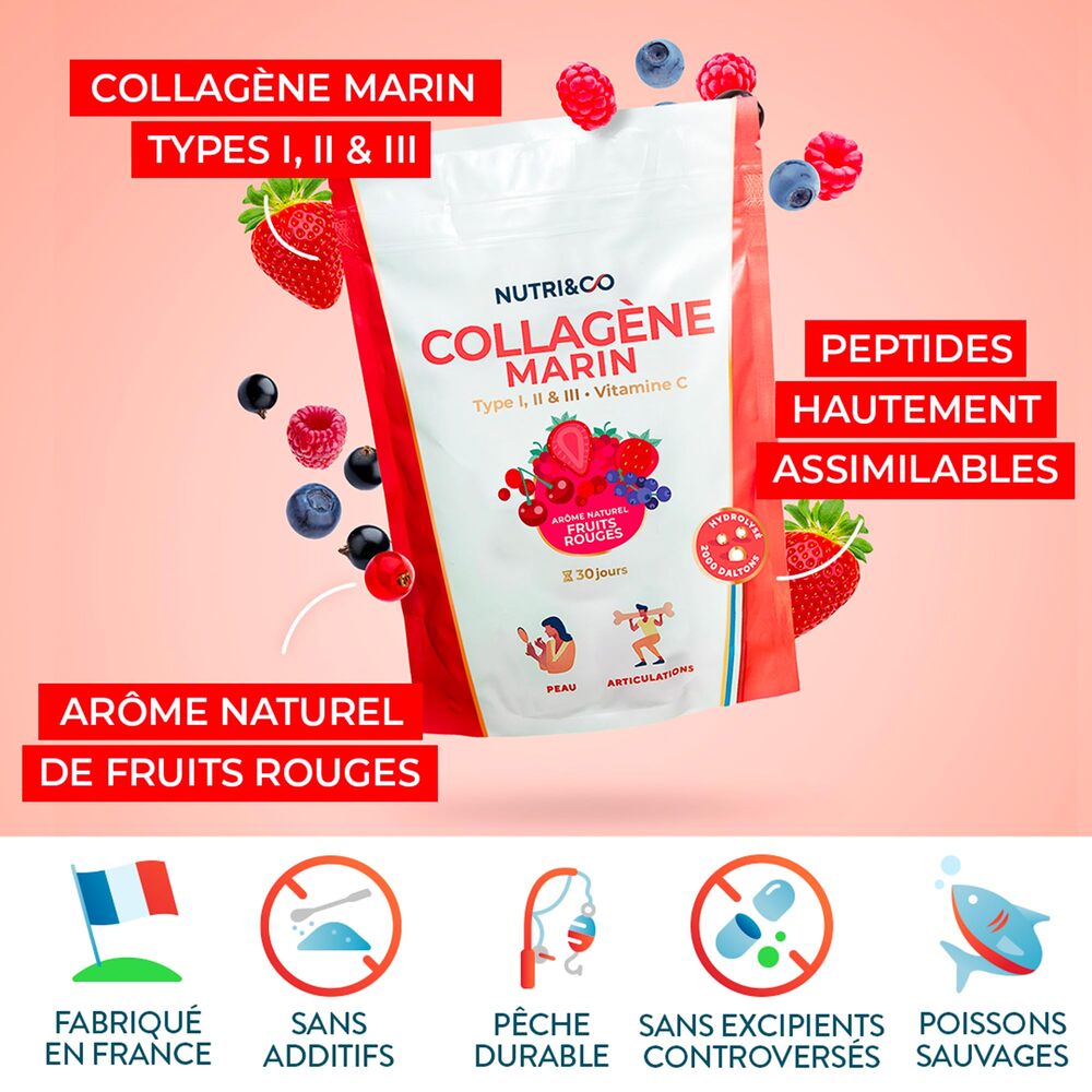 Nutri&Co Collagène marin types 1, 2 et 3 - goût fruits rouges - 180 g
