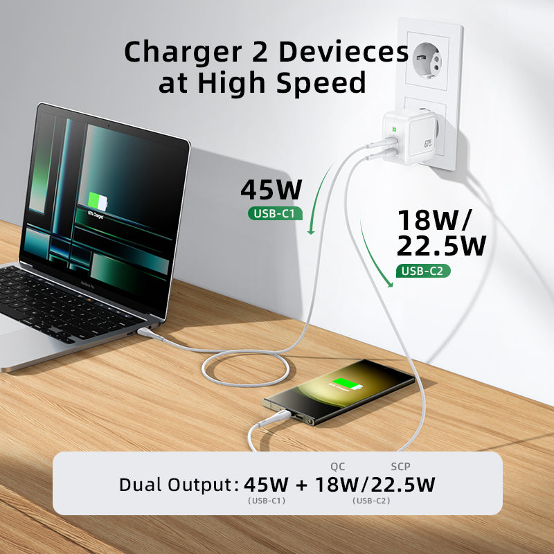 MOKiN PD67W GaN Chargeur double USB-C UE Blanc avec câble USB-C 1,2 m