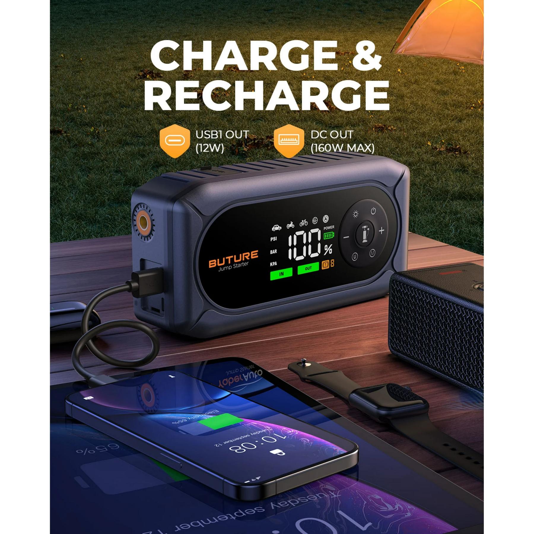 BuTure 4500A démarreur de secours pour voiture, avec compresseur d’air – démarreur de secours portable cinq-en-un pour batterie automobile