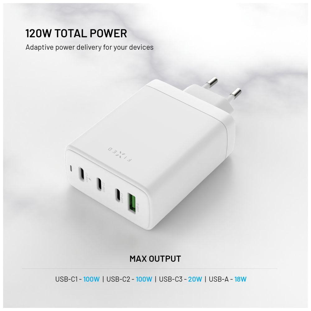FIXED Chargeur de voyage GaN 3xUSB-C/USB 120W - Blanc