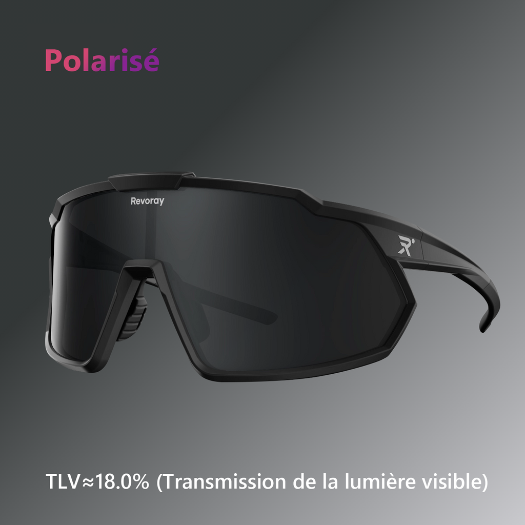 Revoray Y1 Lunettes de soleil de cyclisme avec verres polarisés TAC haute définition, monture TR90 ultra-légère 33g, protection UV 400, revêtement hydrophobe et oléophobe - Noir