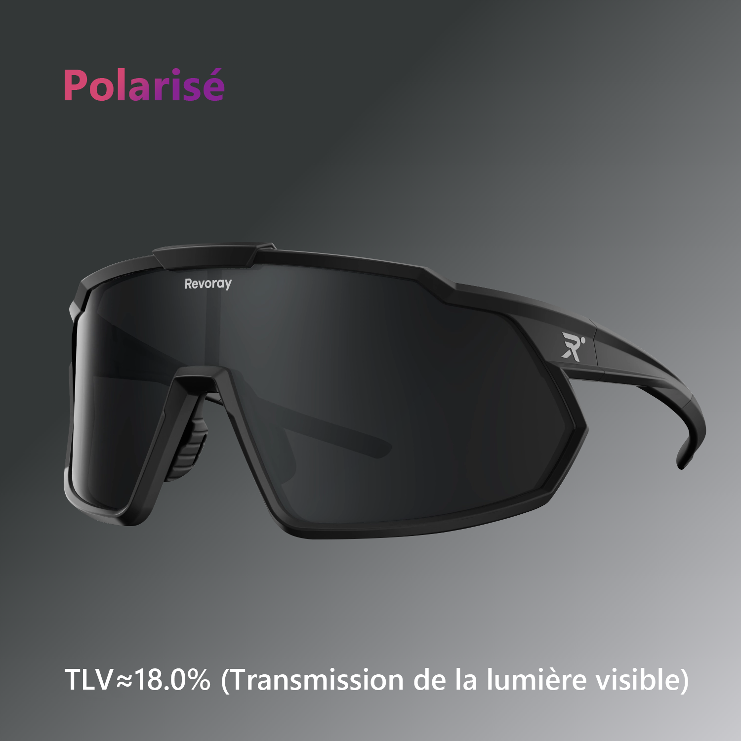 Revoray Y1 Lunettes de soleil de cyclisme avec verres polarisés TAC haute définition, monture TR90 ultra-légère 33g, protection UV 400, revêtement hydrophobe et oléophobe - Noir