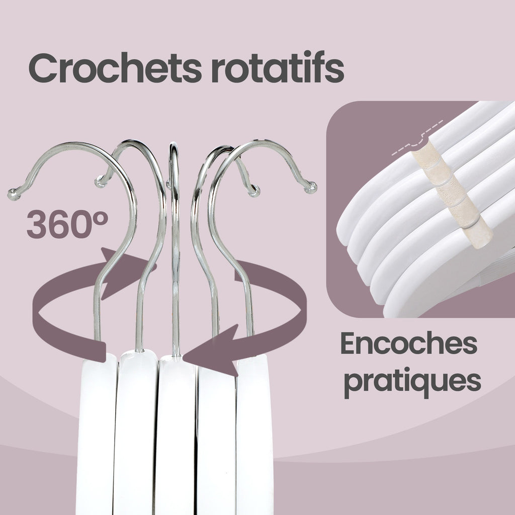 JOYFURNOS Cintres en Bois Blanc & Argent (Lot de 20) – Encoches sur les Épaules, Crochet Pivotant à 360°, Barre Antidérapante pour Pantalons – Parfait pour Costumes, Chemises & Manteaux