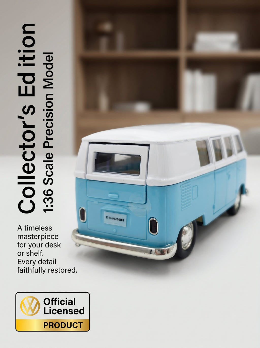 Modèle réduit 1:36 Volkswagen T1 – Bleu, portes ouvrantes, action à recul, voiture miniature moulée sous pression – jouet pour enfants, cadeau pour garçons, pièce de collection à exposer