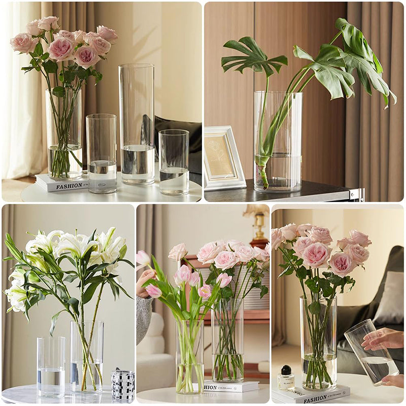 Yuejia Lot de 3 vases à fleurs cylindriques en plastique acrylique transparent incassable, 25 cm/9,8 po et 20 cm/7,8 po, compositions florales, centres de table de mariage, bricolage
